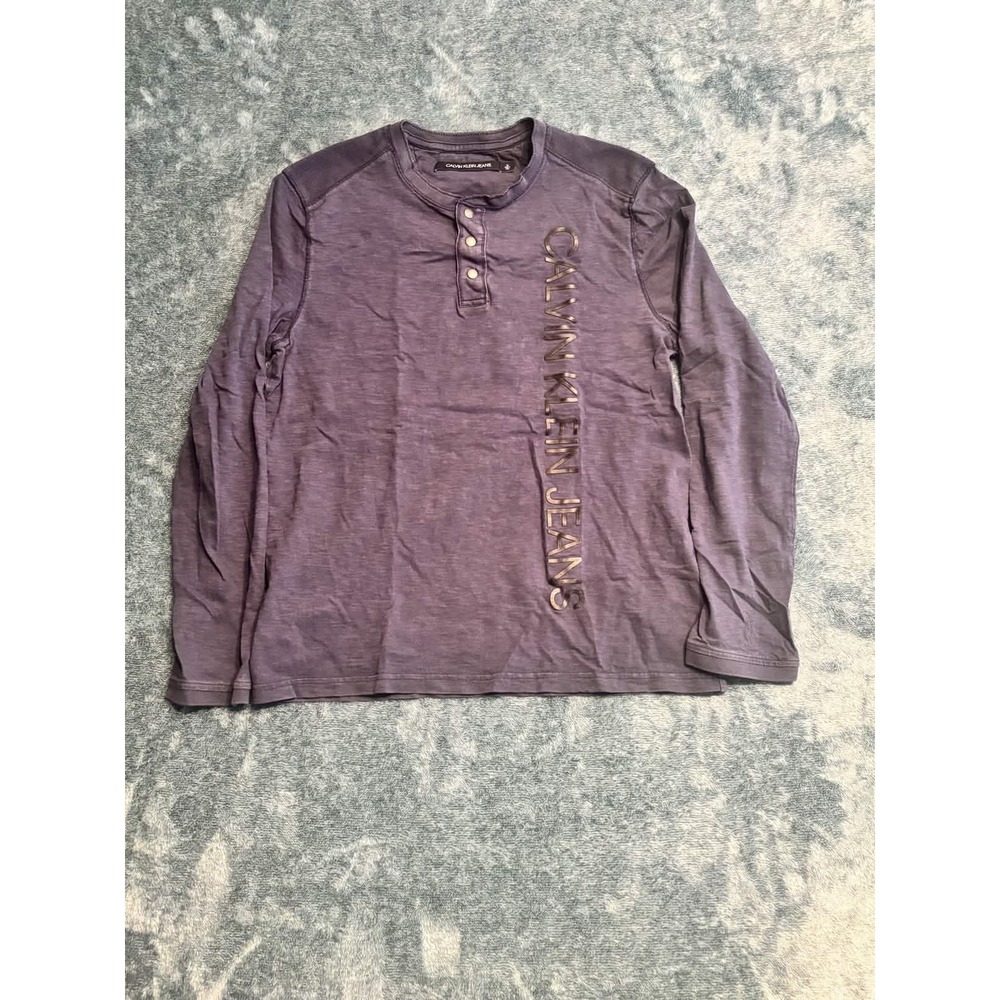 Calvin Klein Jeans Henley Shirt Men Medium Purple Long Sleeve Logo Cotton Slub